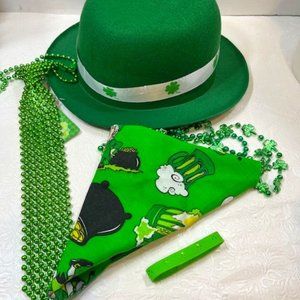 St Patrick's Day Hat, Tie, Bandana, Beads, Green Rubber Bracelet Package Lot